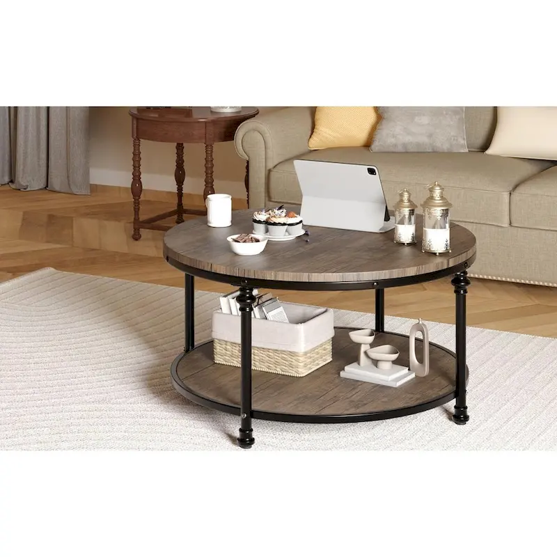 Round Coffee Table with 2-Tier Shelf, 30.31