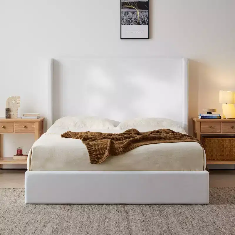 Modern Coconut Micro Suede Upholstered Floor Bed with Wingback Headboard