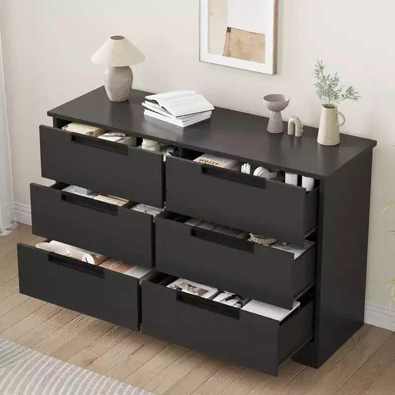 6-Drawer Black Dresser with Embedded Handles – Modern Wooden Organizer for Bedroom, Nursery & Hallway