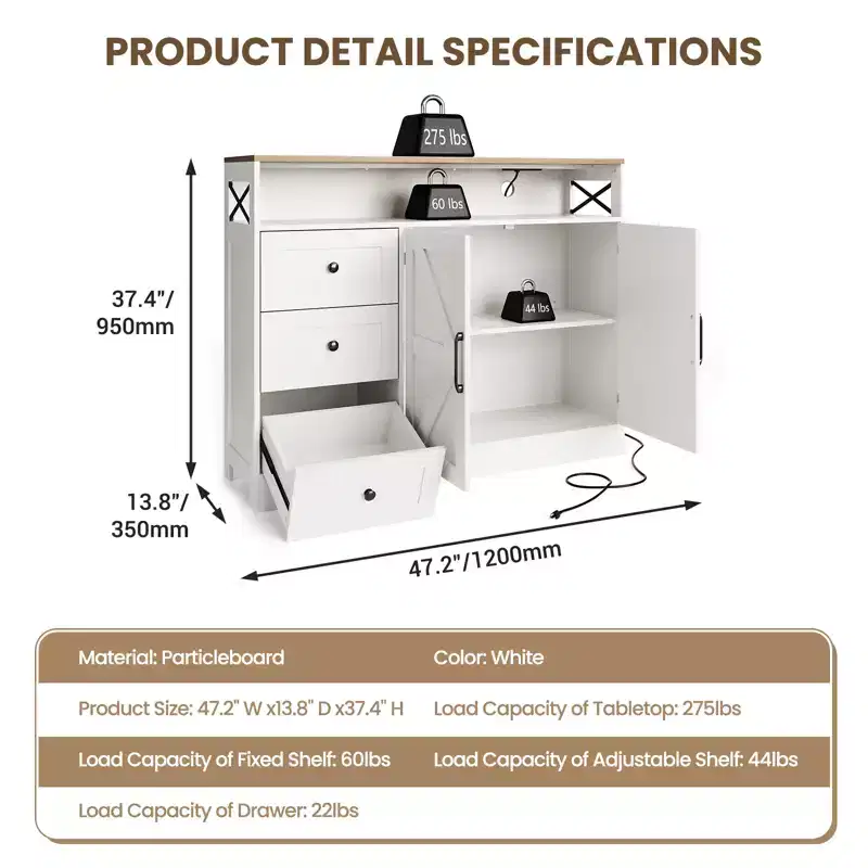 COZONY Buffet Cabinet with Power Outlet, Modern Farmhouse Sideboard with Drawers & Barn Doors, Adjustable Shelf Storage for Kitchen Living Room,White