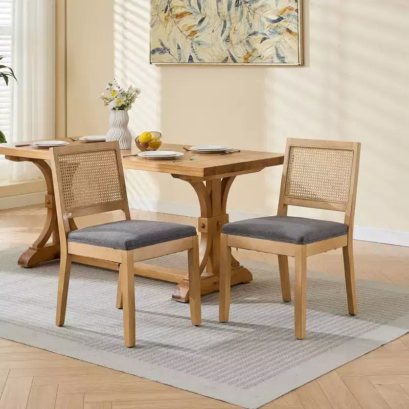 TUYOHW Farmhouse Rattan Dining Chairs Set of 2,Boho Style Side Chairs Soft Linen Upholstered,Solid Rubberwood Kitchen Chairs,Home Decor