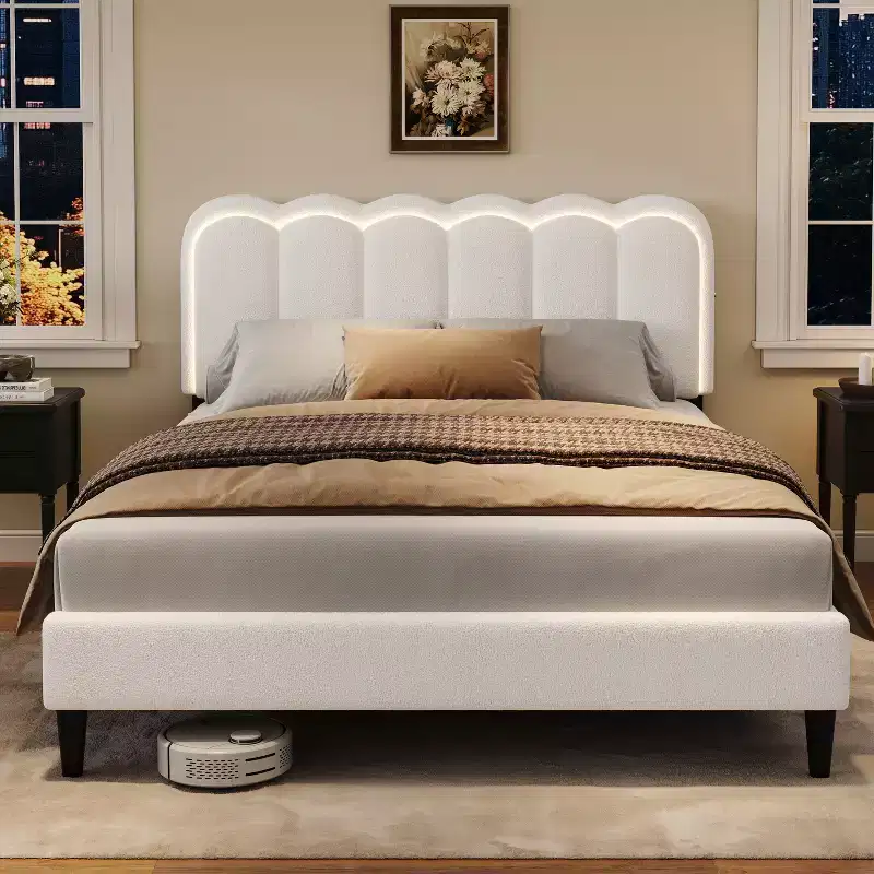 Christopher Knight Home Selene Modern Rubberwood Boucle Upholstered Bed with Light and Petal Headboard