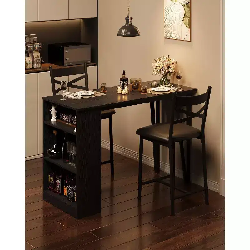 3 Piece Bar Table Set for 2, Bar Table and Chairs Set with with Flip Top Extension, Dining Table Set with Storage Shelves, Suitable for Small Space