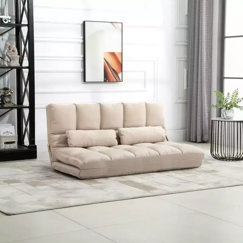 Convertible Floor Sofa Chair, Folding Couch Bed, Guest Chaise Lounge with 2 Pillows, Adjustable Backrest and Headrest, 51.25 L