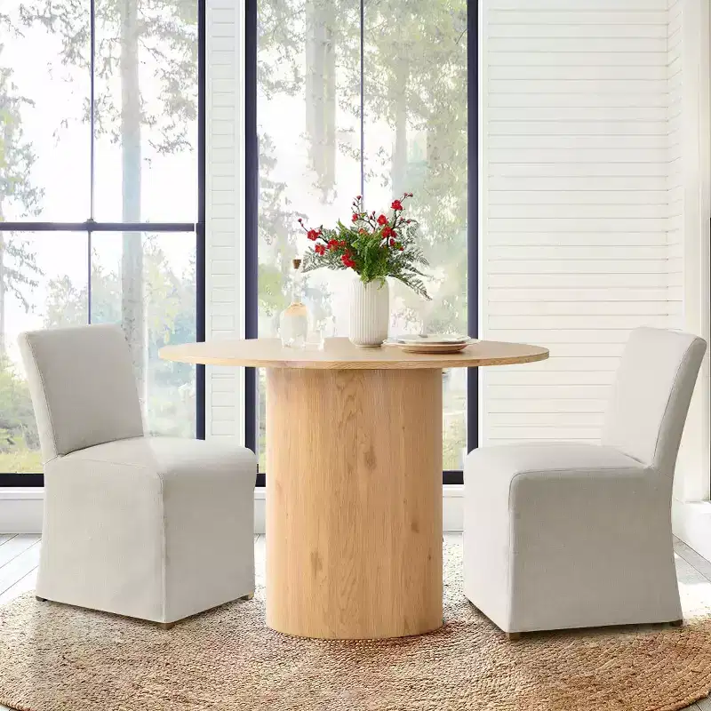 Set of 2 Linen Slipcover Dining Chairs, Farmhouse Beige Textured Skirted Parson Chairs for Dining Room - Panipeachy