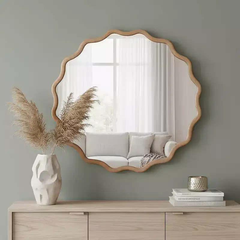 30 inched Wood Frame Wavy Round Decorative Mirror for Bedroom Bathroom Living Room Entryway Natural