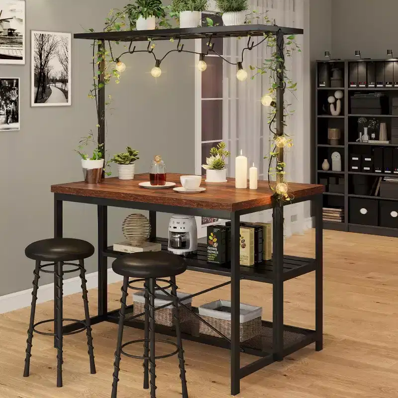 Black Industrial Kitchen Island with Wood Top, 3-Tier Shelves & Power Outlets, Seats 4 (47