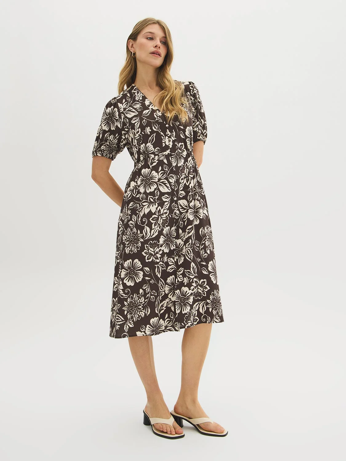 Printed Button-Front Midi Dress