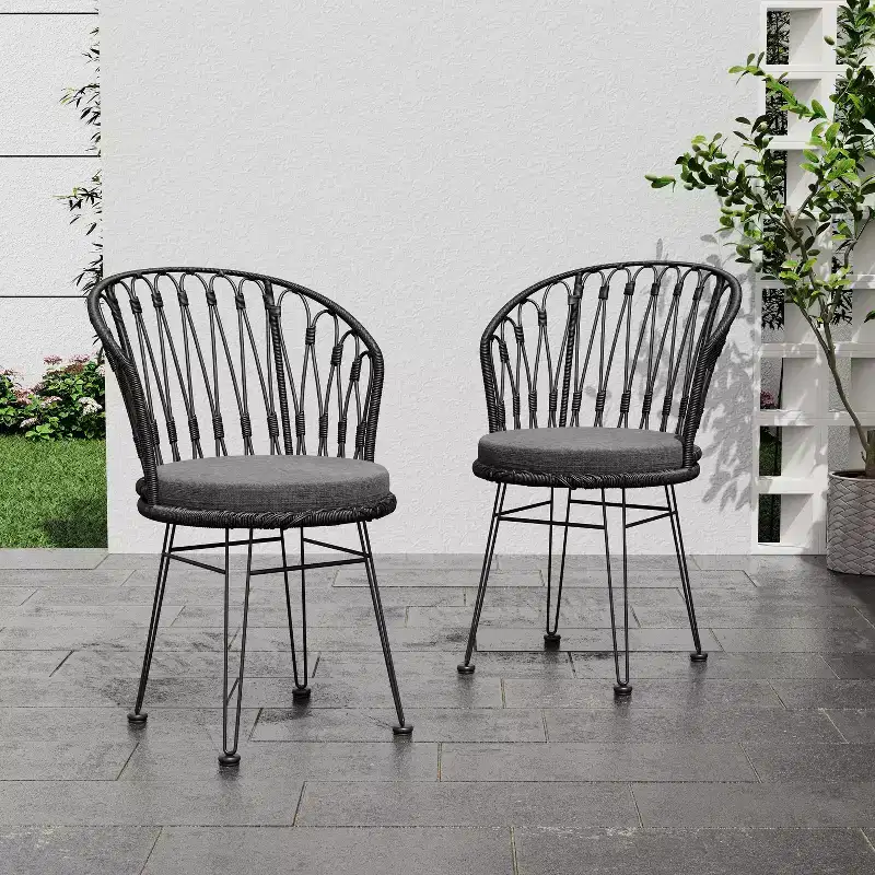TUYOHW 17.5 Boho Style Patio Accent Chairs,Set of 2,Dining Chairs with 2 Cushions,Outdoor Lounge Chairs for Backyard,Porch & Garden,Gray