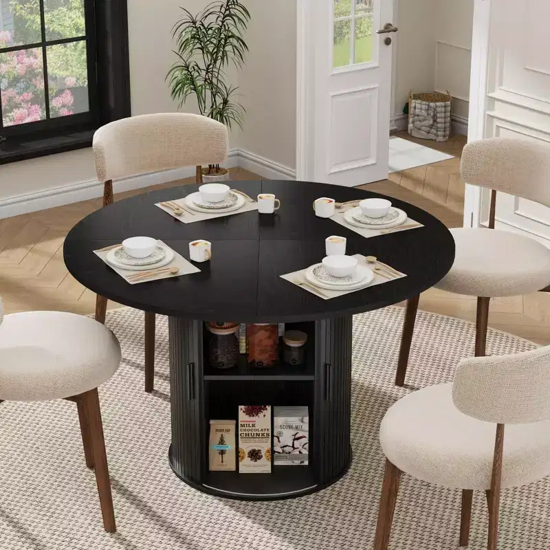 47 Round Dining Table for 4, Modern Circle Kitchen Dinner Table w/ 2-Tier Storage Shelf & Wood Sliding Door, Space-Saving Furniture for Home