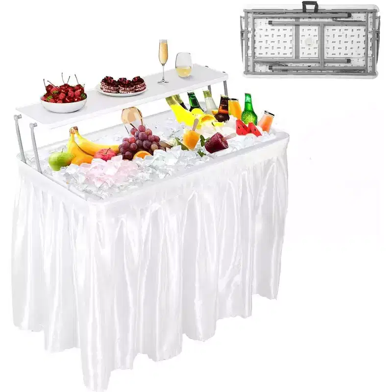 Foldable Kids Ice Cream Cooling Table with Storage & Drain  Outdoor Drink Cooler for Parties,Camping,Picnic,BBQ,WeddingSelf-Service Bar, with Skirt
