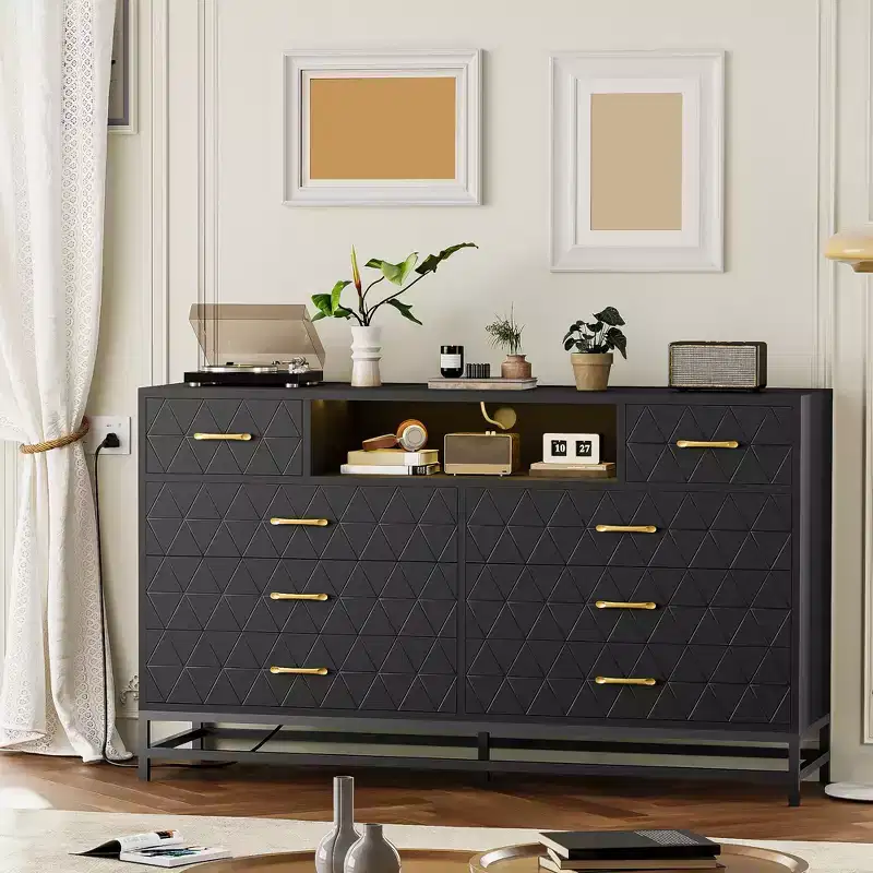 55 Inch 8 Drawer Wood Dresser TV Stand. Chest of Drawers with LED Lights & Power Outlet. Storage Organizer for Bedroom. Living Room & Closet