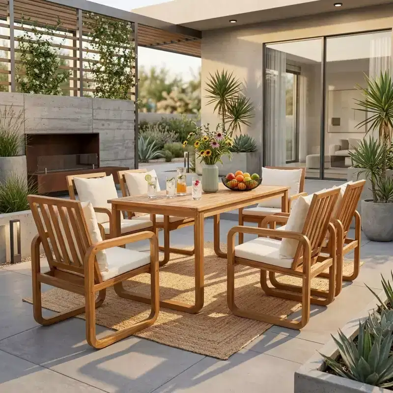 Polibi 7-Piece Acacia Patio Dining Set with Sculpted Loop Armchairs
