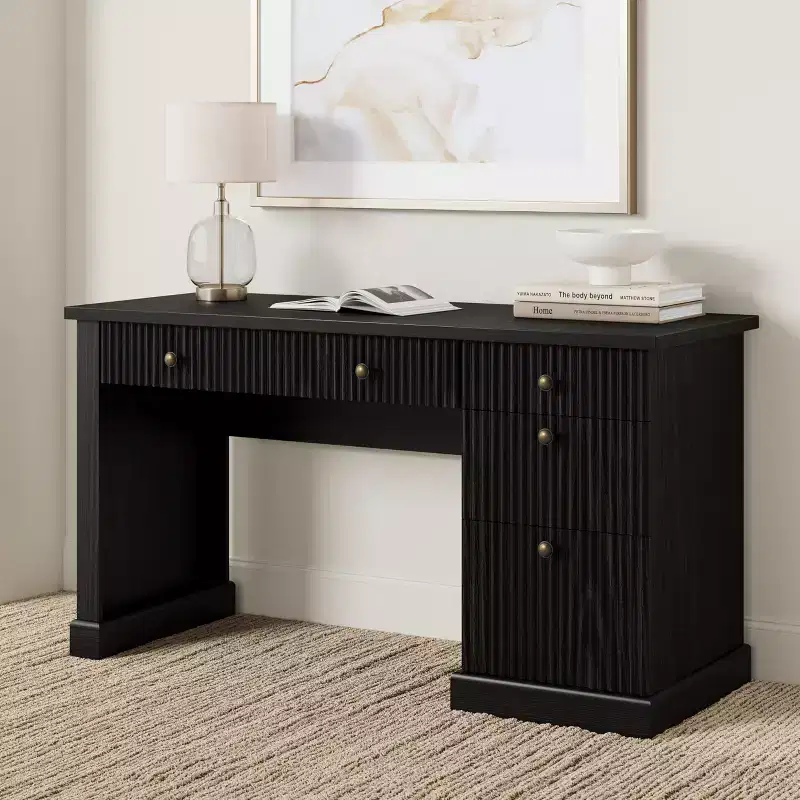 54 Modern Executive Office Desk with Charging Station & File Drawers, Fluted Wood Computer Writing Desk with Storage for Home Study