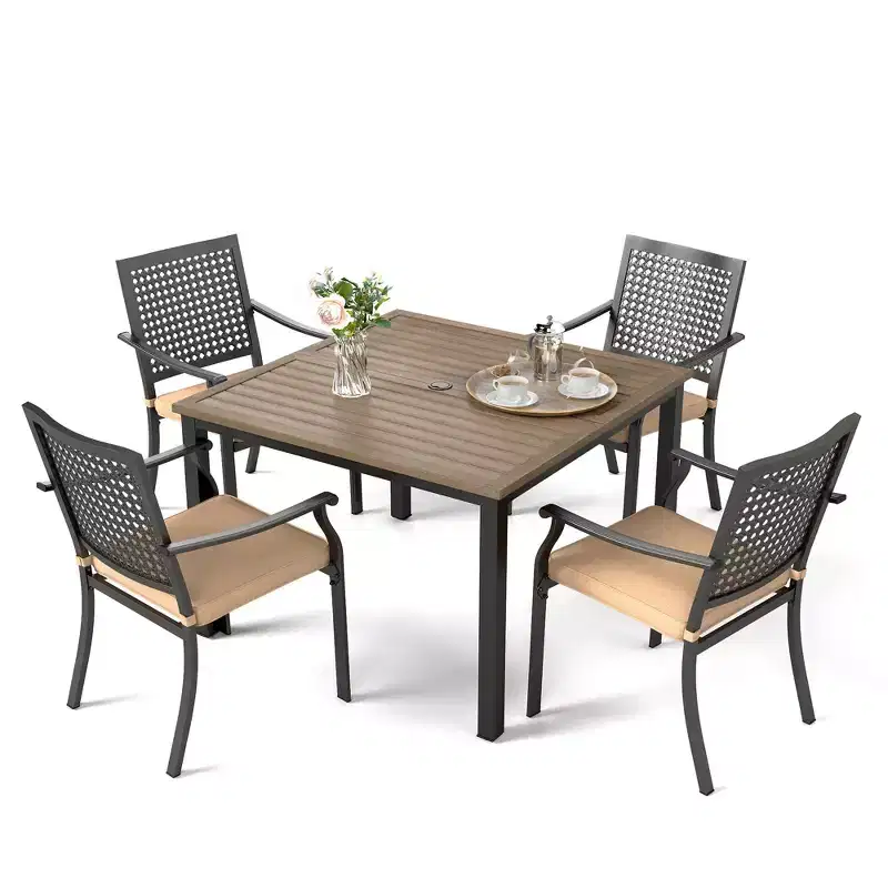 Captiva Designs 5pc Patio Dining Steel Set with Wood-like Square Table & Metal Chairs with Cushion
