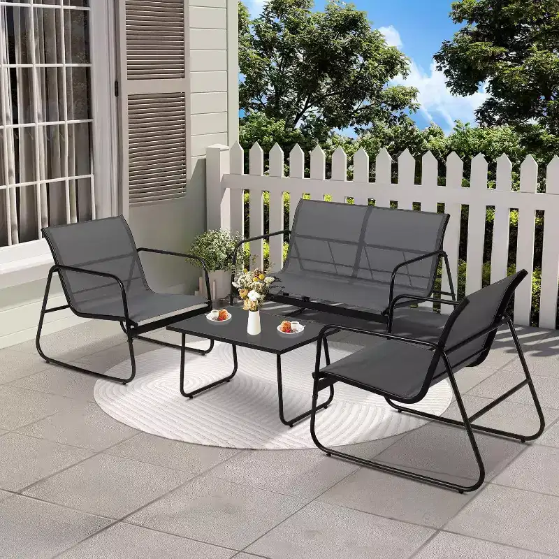 Acekool 4-Piece Outdoor Patio Furniture Set with Textile Fabric Seating, Glass Coffee Table, Loveseat & 2 Chairs for Backyard, Balcony, Porch - Gray