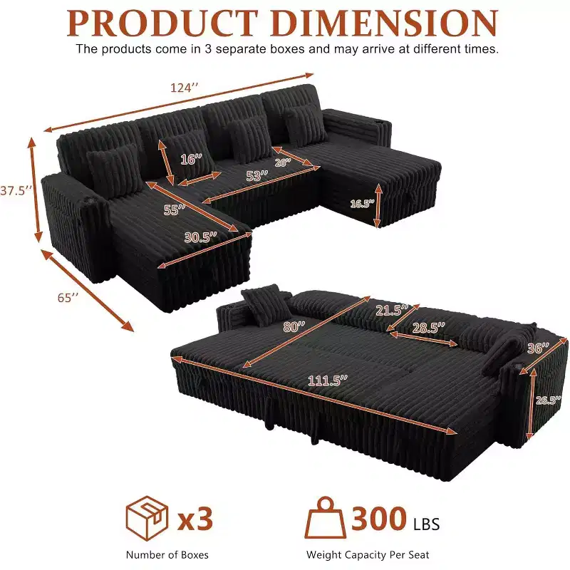 MooxvMoo 124 U-Shaped Sleeper Sofa with Storage,Oversized Convertible Couch Featuring Pull-Out Bed,Adjustable Backrest,USB Ports & Cup Holders,Black