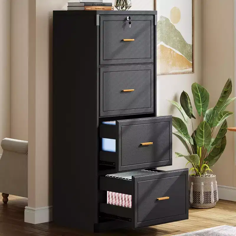 4-Drawer File Cabinet with Lock and Key, Tall Wooden Vertical Filing Cabinet for Legal/Letter/A4 Files, Home Office Storage, Black