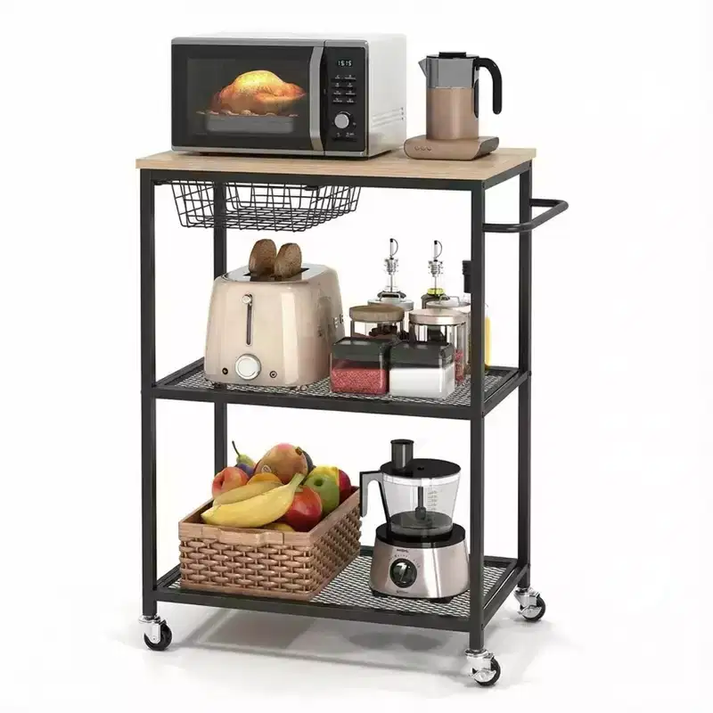 Vintage 3-Tier Rolling Kitchen Cart with Push Handle 2 Lockable Wheels Utility Microwave Stand Storage for Kitchen Island Coffee Bar Living Room