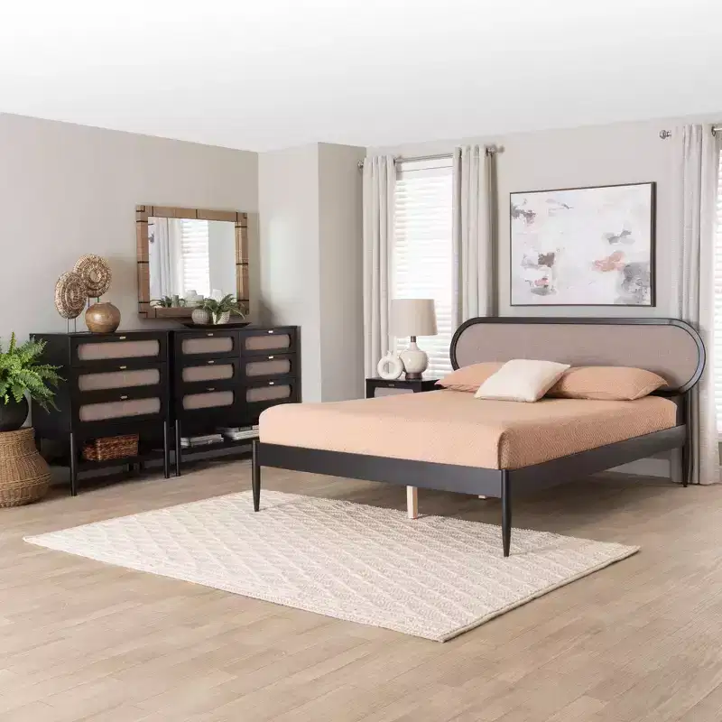 Baxton Studio Shirin Mid-Century Beige Fabric and Black Wood Queen 4-Piece Bedroom Set