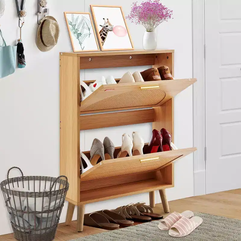 Shoe Cabinet with 2 Flip Drawers, Shoe Storage Cabinet for Entryway, Free Standing Shoe Storage Organizer with Rattan Doors, Brown