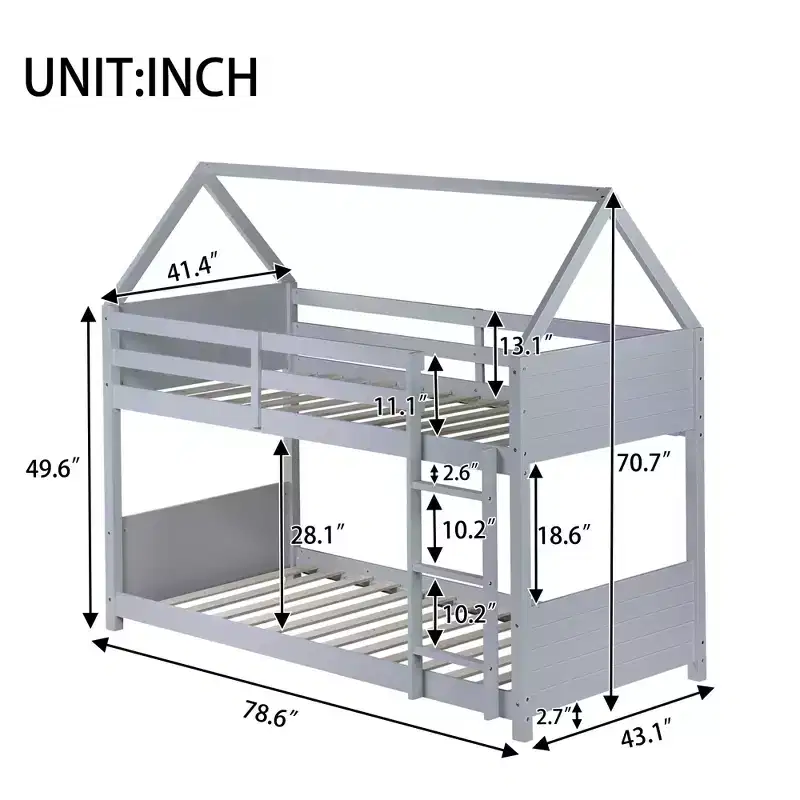Bellemave Twin House Floor Bunk Bed with Headboards, Footboards and Guardrails, Ladder, Rubber Wood Bunk Bed with Safety Guardrails,Light Grey
