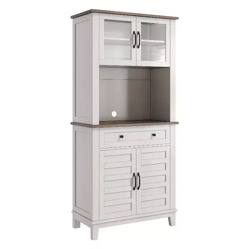 72 Tall Kitchen Bar Cabinet Hutch Featuring 4 Glass Doors & 1 Drawer, Modern Wood Pantry Coffee Cabinet with Ample Storage, White