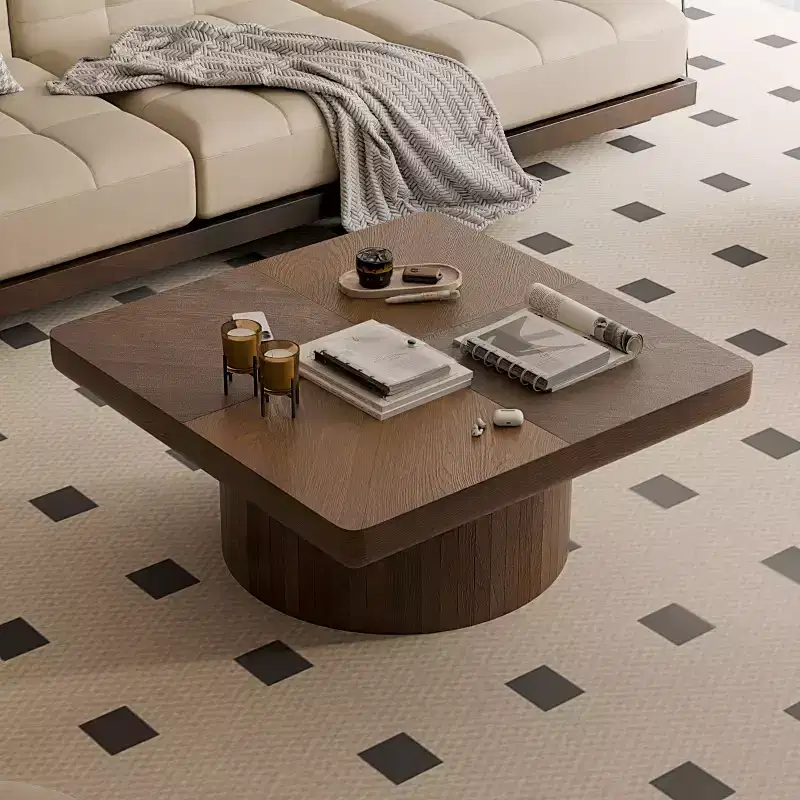 Square Coffee Table for Living Room, Wood Veneer Top with Parquet Pattern, Walnut