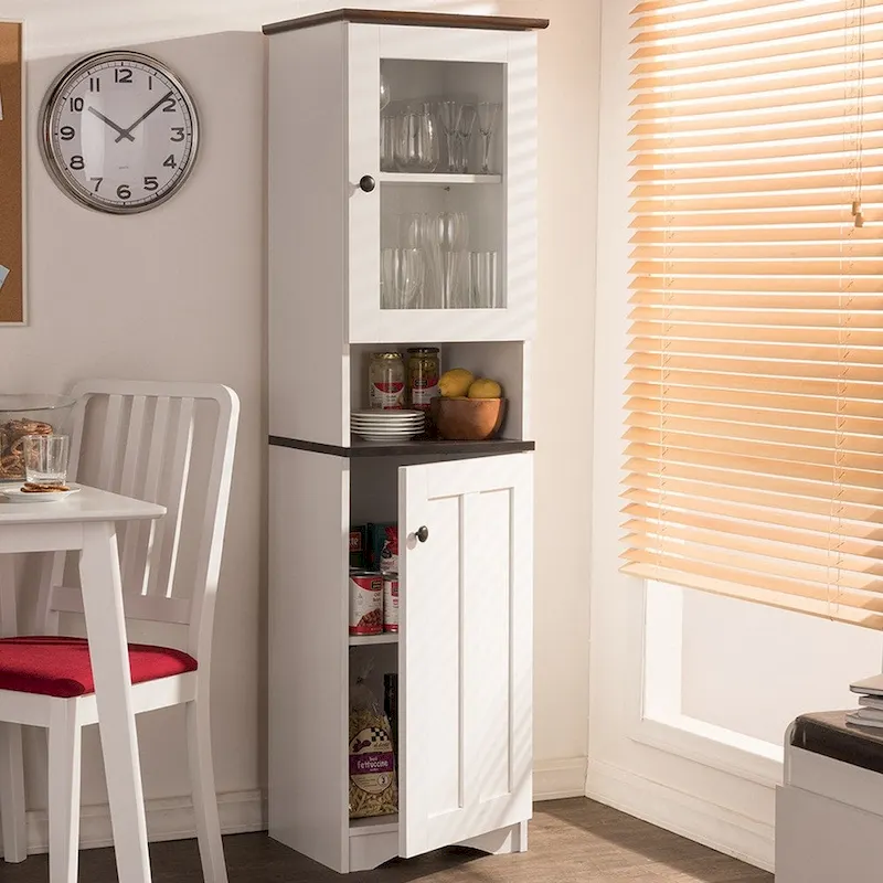 Freestanding Kitchen Storage Cabinet with Glass and MDF Doors – White and Wenge