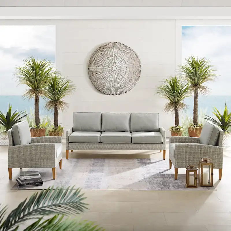Crosley Capella Outdoor Wicker 3Pc Sofa Set - 33H x 80W x 132D