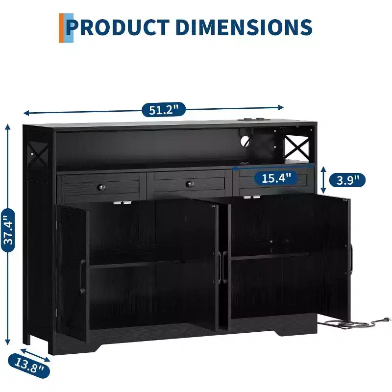 51-Inch Large Buffet Cabinet with Storage and Charging Station, Modern Farmhouse Coffee Bar Sideboard, Featuring 3 Drawers and Doors