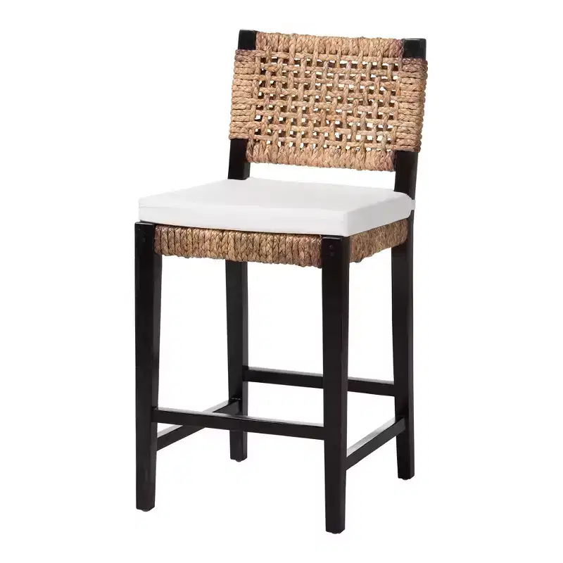 Modern Bohemian Mahogany Wood and Seagrass Counter Stool
