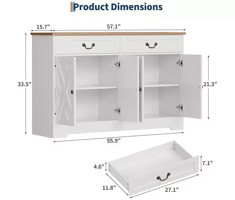 57'' Modern Farmhouse Sideboard Buffet Cabinet with 2 Drawers & Adjustable Shelves, Dining Room Coffee Bar Organizer for Living Room