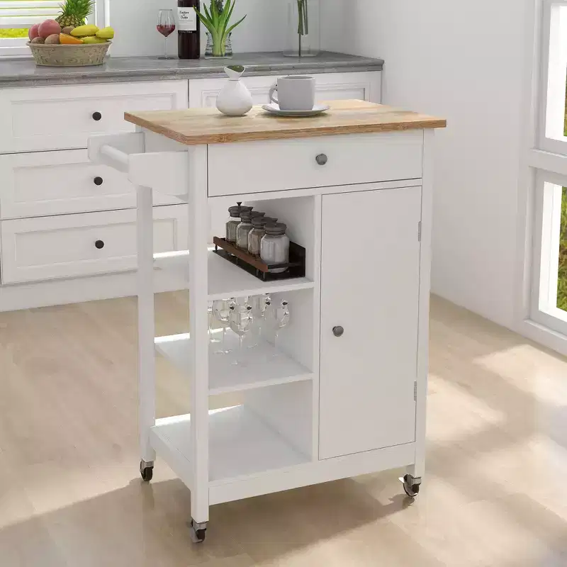 Modern Kitchen Island Cart with Adjustable Shelves, Center Drawer & Wheels, Storage Cabinet Dining Sideboard