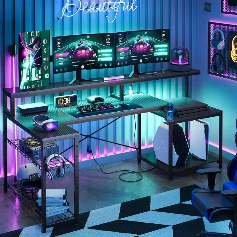 Bestier 71.5 LED Gaming Desk with Power Outlet, L-Shaped Computer Desk with Monitor Stand