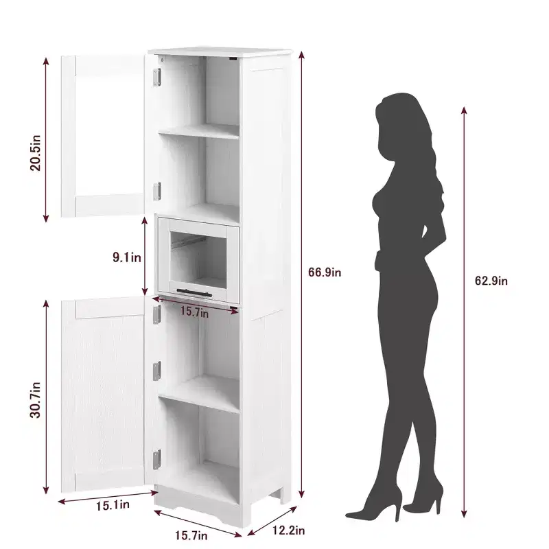 67 H Tall Slim Pantry Cabinet with Glass Doors and Adjustable Shelf, Freestanding Slim Cupboard