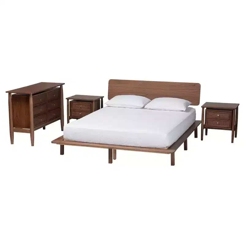 Baxton Studio Alyssa Japandi Walnut Brown Wood 4-Piece Bedroom Set