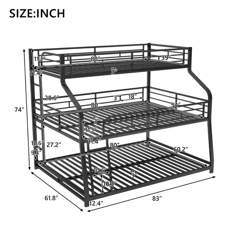 Twin XL Full XL over Queen Metal Triple Bunk Bed Frames for 3 Kids with Built-in Ladder and Full-Length Safety Guardrails