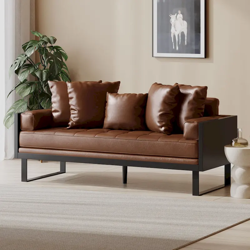 Oversized Faux Leather Loveseat with Accent Pillows | Modern Style | 2-Seater Sofa