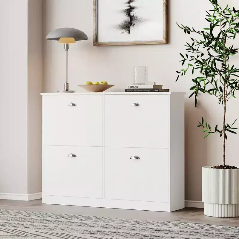 40-inch Concealed Ultra-Slim Shoe Cabinet with 4 Flip-Top Drawers and Anti-Tip Mechanism, Suitable for Entryways and Bedrooms, White