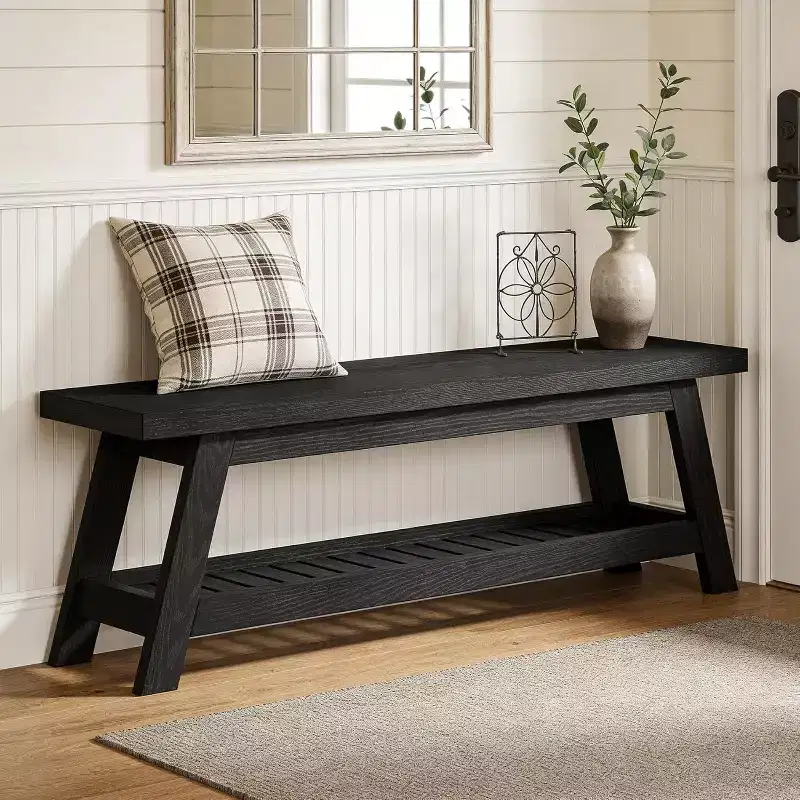 Lantine 55 Narrow Entryway Bench with Shoe Storage, Farmhouse Wooden Hall Tree Bench with 2-Tier Open Shelf for Small Space, Mudroom, Foyer, Black