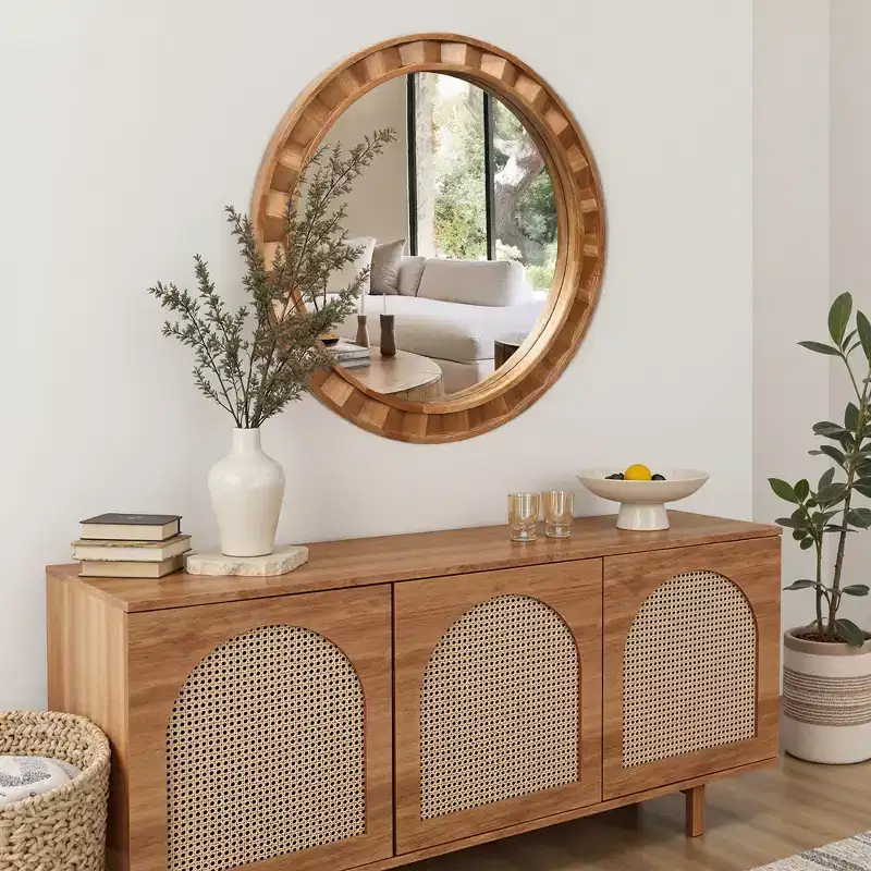 Round Wall Mirror with Natural Wood Frame, 28