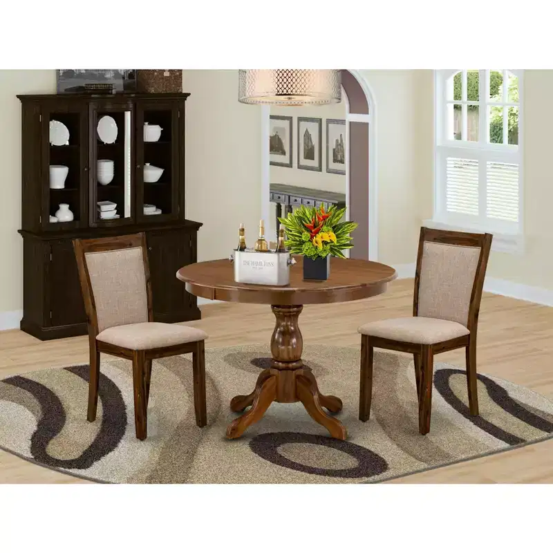 HomeStock Round Dining Table Set Antique Walnut Linen Chairs