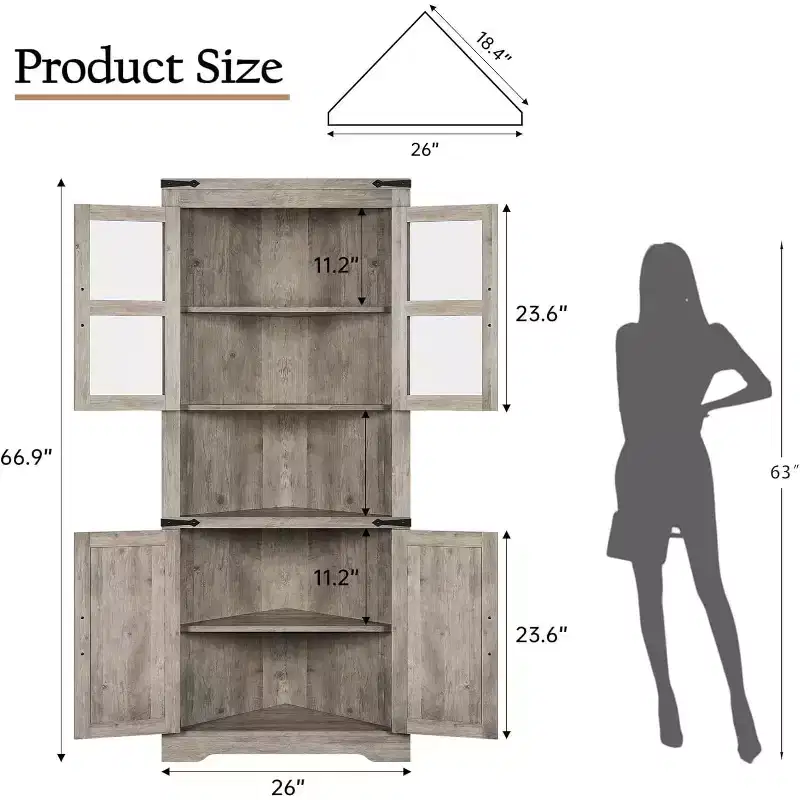 6-Tier Corner Storage Cabinet, 70 Inch, Farmhouse Style, Glass Doors, Grey Wood