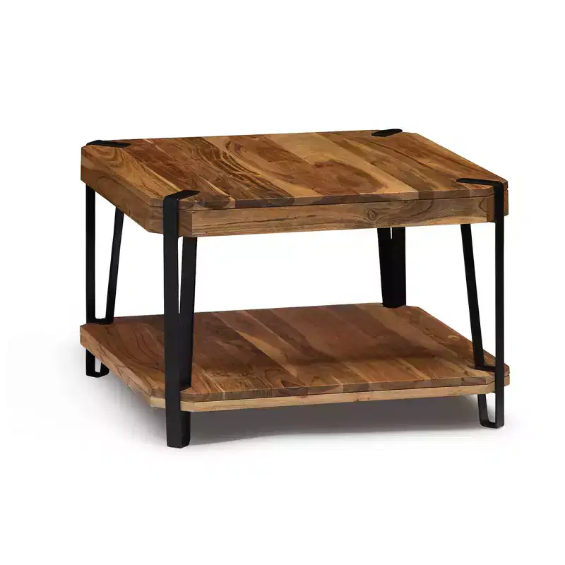 28" Natural Brown Live Edge Solid Wood Cube Coffee Table Metal And Wood: Acacia Top, 4-Leg Base