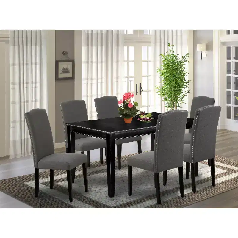 HomeStock Belmont 7Pc Rectangular 60 Inch Dining Table And Six Parson Chair With Black Leg And Linen Fabric Dark Gotham Grey