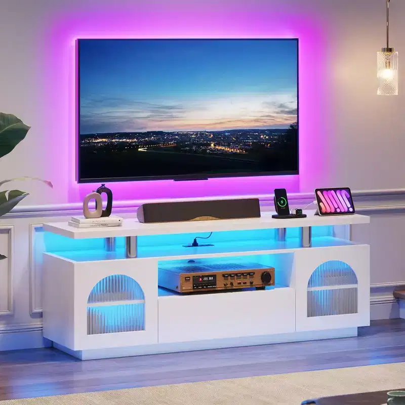 TV cabinet with power sockets and LED lighting, media unit featuring large drawers and adjustable shelves, suitable for the living room.