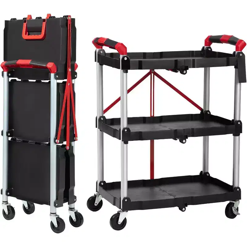 3-Tier Folding Utility Cart with Locking Wheels, Heavy-Duty Rolling Service Trolley for Kitchen, Office and Garage Storage