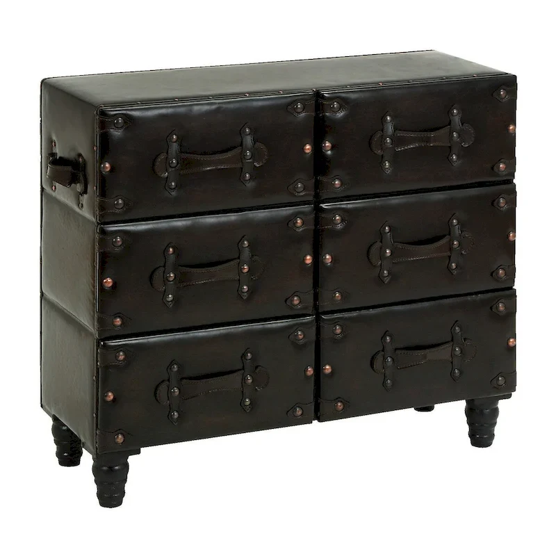Vintage Faux Leather Storage Chest with Rivets and Straps - Black