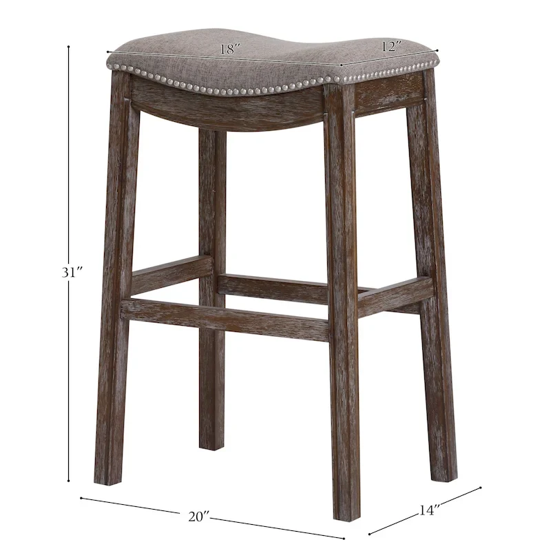Saddle-Seat Wood Bar Stool with Upholstered Seat, Nailhead Trim